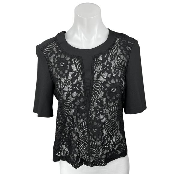Chelsea28 Women's Black Floral Lace Short Sleeve Sheer See Trough Blouse Top M - Picture 1 of 5